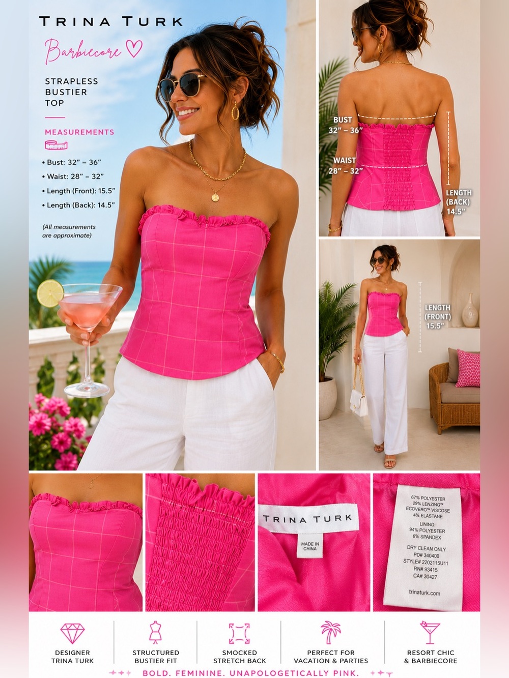 Trina Turk Pink Strapless Bustier‎ Top Windowpane Plaid Barbiecore